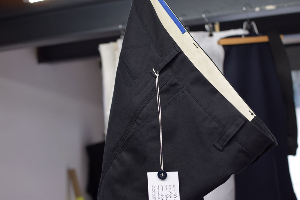 navy blue made to measure trousers in organic cotton moleskin with organic pocket lining from indnat 