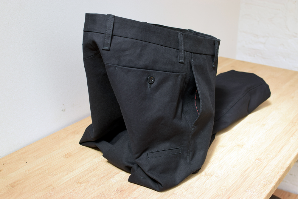black trousers made of organic cotton moleskin fabric.